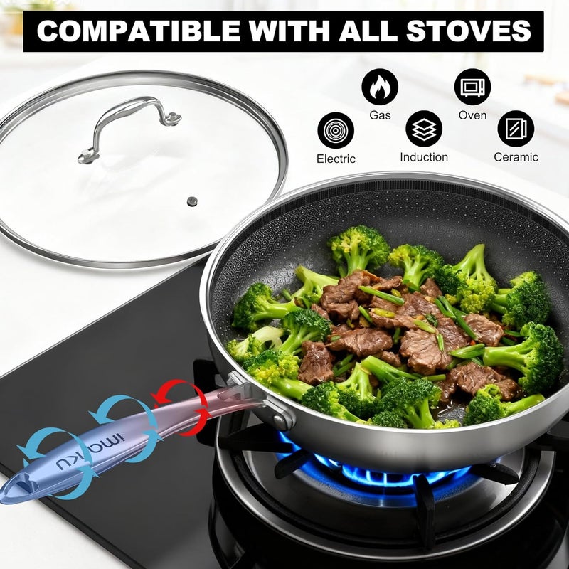 imarku Non Stick Frying Pans, 12" Stainless Steel Pan, Hybrid Skillet with Lid, Deep Large Saute Pan, Dishwasher & Oven Safe, Induction Compatible Cooking Pan, PFOA Free - Image 4